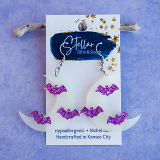 Glow in the Dark Moons with Purple Glitter Bats Dangles