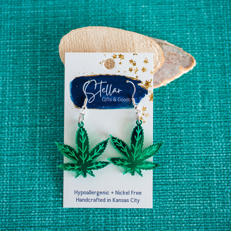 Green Mirror Acrylic Cannabis Leaf Dangle Earrings