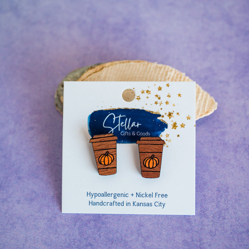 Hand Painted Pumpkin Spice Latte Wood Studs