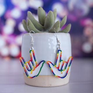 Diagonal Stripe Pride White I Love You Hand Sign Dangles