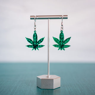 Green Mirror Acrylic Cannabis Leaf Dangle Earrings 2