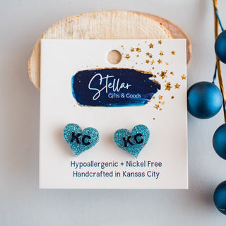 Hand Painted Dk Blue & Lt Blue Glitter KC Heart Studs