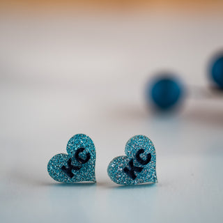 Hand Painted Dk Blue & Lt Blue Glitter KC Heart Studs