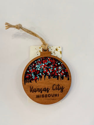 Kansas City Missouri Skyline Ornament with Teal & Red Chunky Glitter