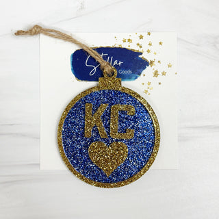 KC Heart Blue & Gold Glitter Ornament