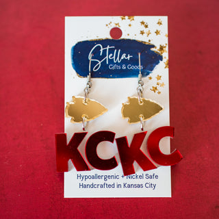 KC Arrowhead Drop Dangles Red & Gold Mirror