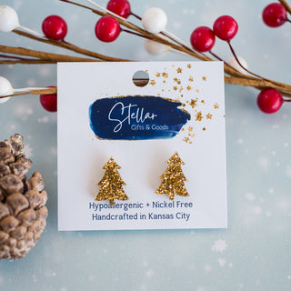 Gold Glitter Christmas Tree Studs