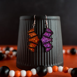 Purple & Orange Confetti Glitter Bat Dangles 2