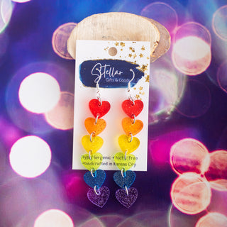 Rainbow Glitter Pride Six Heart Dangles