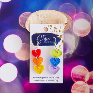 Rainbow Glitter Pride Three Heart Dangles