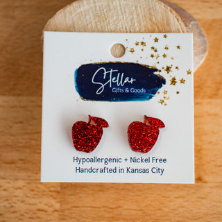 Red Glitter Apple Studs 