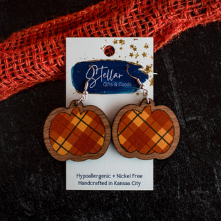 Orange Yellow Green Plaid Pumpkin Inset Dangles