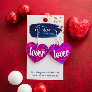 Lover Heart Dangles - Fuchsia Hex Glitter