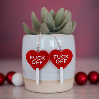 Fuck Off Red Glitter Valentine Heart Lollipop Dangles