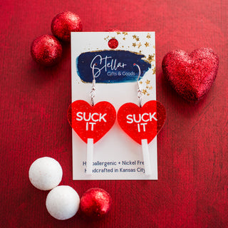 Suck It Red Glitter Valentine Heart Lollipop Dangles