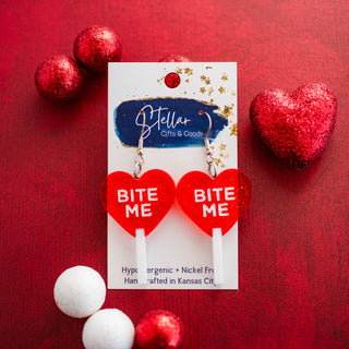 Bite Me Red Glitter Valentine Heart Lollipop Dangles