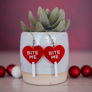 Bite Me Red Glitter Valentine Heart Lollipop Dangles