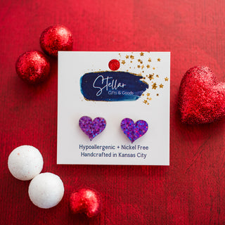 Heart Studs - Purple Sparkle Glitter