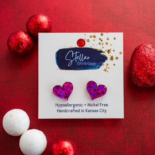 Heart Studs - Fuchsia Hex Glitter