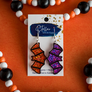 Purple & Orange Confetti Glitter Bat Dangles