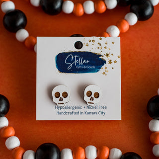 White Wood Skull Studs