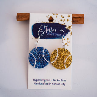 Petite Blue & Gold Glitter Baseball Dangles