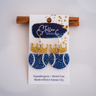 Blue & Gold Glitter Petite Crown Baseball Dangle Earrings