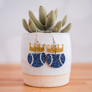 Blue & Gold Glitter Petite Crown Baseball Dangle Earrings