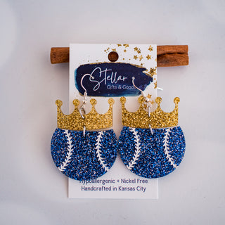 Hand Painted Blue & Gold Glitter Medium Crown Baseball Dangles