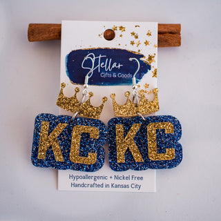 Blue & Gold Glitter KC Crown Double Layered Drop Dangles