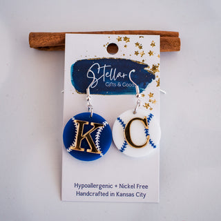 Blue & White Petite KC Baseball Double Layered Dangles