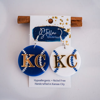 Blue & White KC Baseball Double Layered Dangles