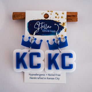 Blue & White KC Crown Baseball Double Layered Drop Dangles