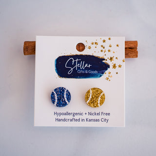 Blue & Gold Glitter Baseball Studs