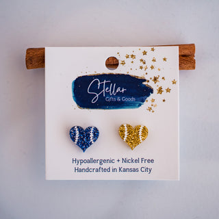 Blue & Gold Glitter Baseball Heart Studs