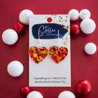 Petite Red & Gold Glitter Flake Heart Dangles