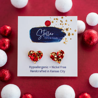 Red & Gold Chunky Glitter Heart Studs