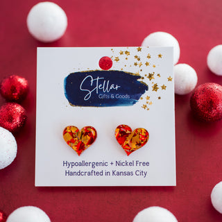 Red & Gold Glitter Flake Heart Studs