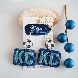 Dk Blue & Lt Blue Glitter KC Soccer Double Layered Drop Dangles