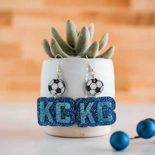 Dk Blue & Lt Blue Glitter KC Soccer Double Layered Drop Dangles