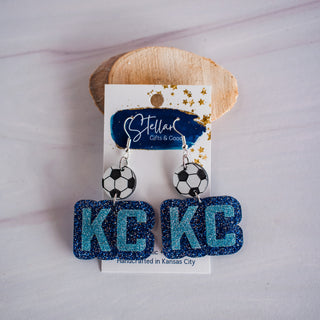 Dk Blue & Lt Blue Glitter KC Soccer Double Layered Drop Dangles
