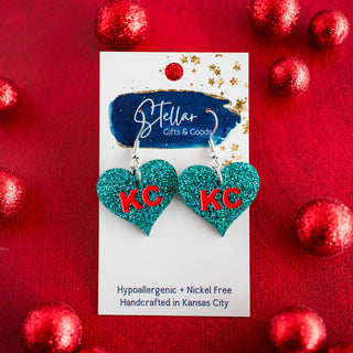 Hand Painted Teal & Red Glitter KC Heart Dangles