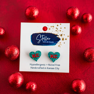 Hand Painted Teal & Red Glitter KC Heart Studs