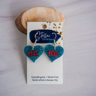 Hand Painted Bright Blue & Red Glitter KC Heart Dangles