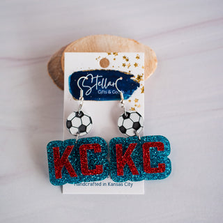 Bright Blue & Red Glitter KC Soccer Double Layered Drop Dangles