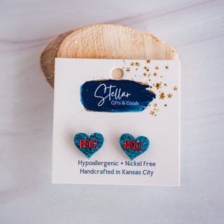Hand Painted Bright Blue & Red Glitter KC Heart Studs