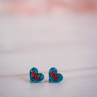 Hand Painted Bright Blue & Red Glitter KC Heart Studs