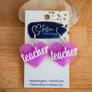 Lavender Glitter Teacher Heart Dangles