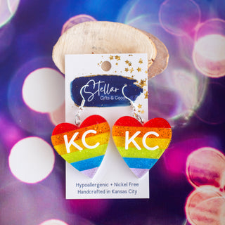 Rainbow Glitter Pride Layered Striped KC Heart Dangles