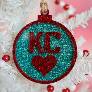 KC Heart Teal & Red Glitter Ornament